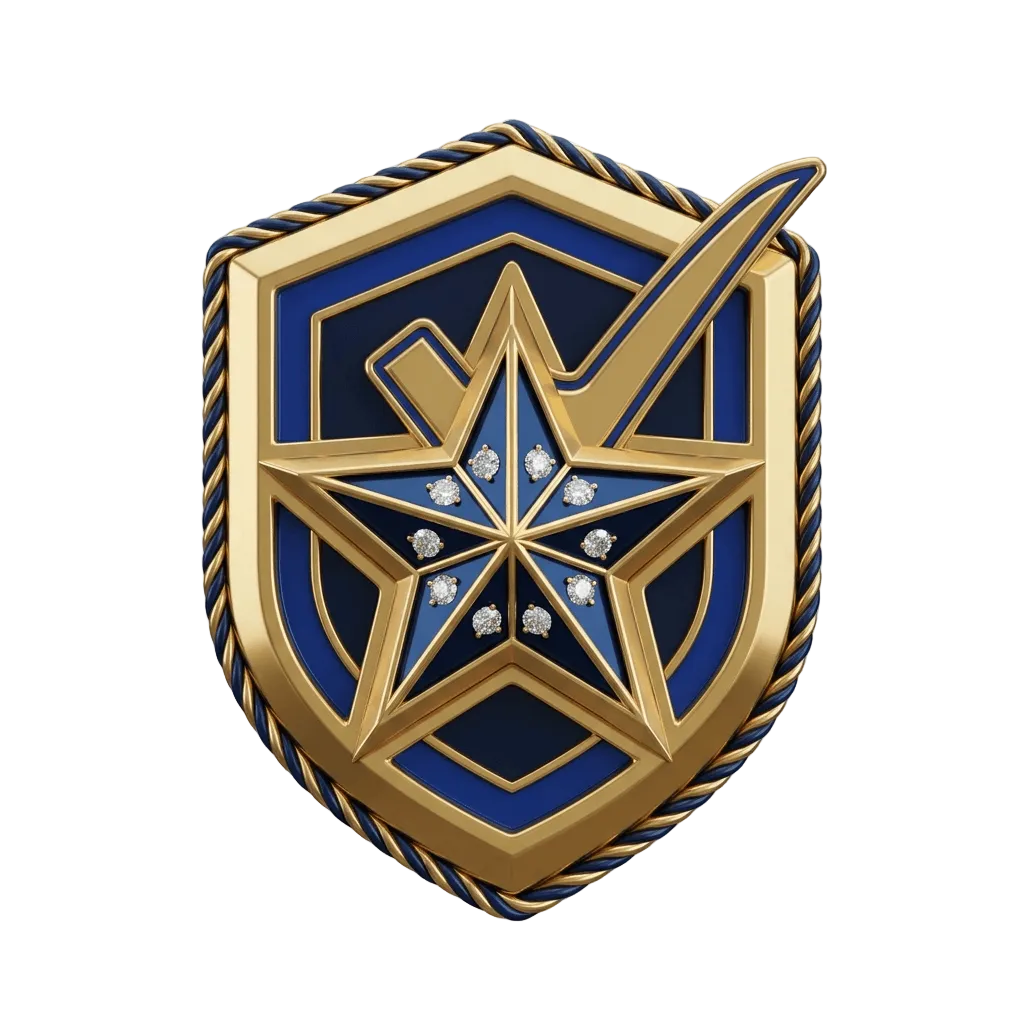 A 3D digital render of a shield-shaped emblem featuring a gold star, a blue checkmark, and small clear gemstones, set against a transparent checkerboard background.